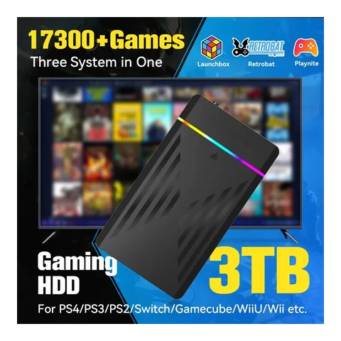 3TB portátil Gaming HDD LaunchBox/Retrobat/Playnite Retro Game Console com mais de 17300 jogos AAA/3D/Retro para PS4/PS3/PS2/Switch/Wii