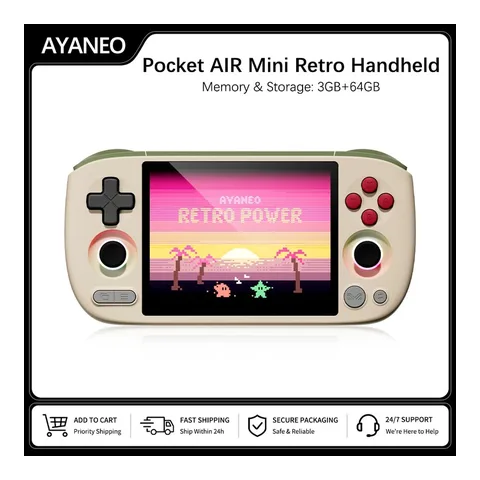 AYANEO Pocket AIR Mini Retro Console Portátil com 64GB de Armazenamento, Tela HD e Joysticks Hall, Console de Jogos Retro MTK Helio G90T