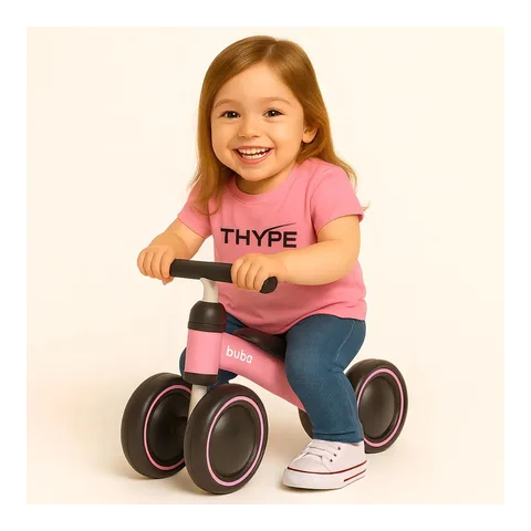 Bicicleta de Equilíbrio Sem Pedal Rosa Chiclete 4 Rodas Thype 12-18 Meses