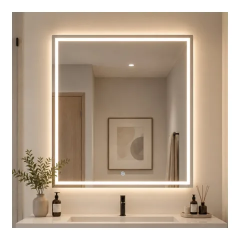 Espelho Quadrado Jateado LED Touch 3 Cores 40x40 a 90x90cm Banheiro Luz Mais Forte Premium