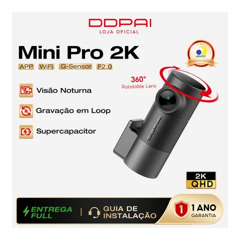 DDPAI Mini Pro Uber Câmera Veicular 2K Ângulo de 140° Dash Cam Wi-Fi Visão Noturna Monitoramento 24h