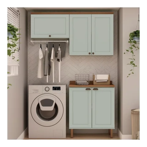 Kit Área de Serviço com 3 Módulos com Portas Provençais para Lavanderia 100% MDF Verde/Mint Mint