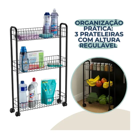 Armário Multiuso Com Rodinhas Organizador de Cozinha Lavanderia Prateleira Preto Fosco Future