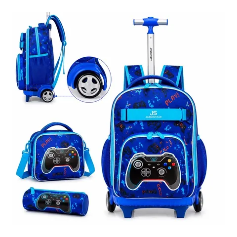 Kit Mochila Lancheira Termica Estojo Reforçado Infantil Rodinhas Menino