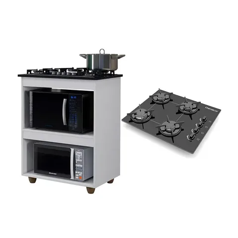 Kit Balcão para Cooktop Cozinha Kaiki Turim com Fogão Cooktop Chef 4 Bocas Ultra Chama Preto