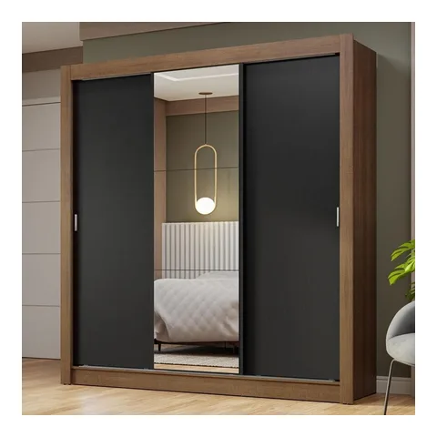 Guarda-Roupa Casal 3 Portas de Correr com Espelho Rustic/Preto Nobre Madesa