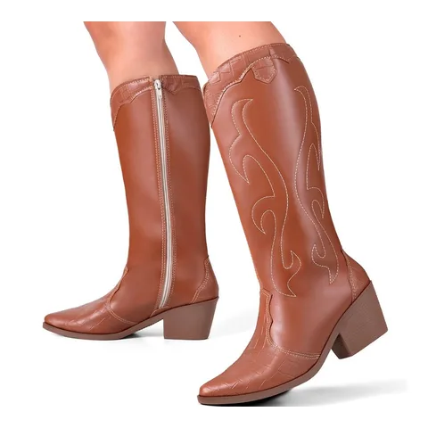 Bota Feminina Lumiss Western Texana Bico Fino Salto Grosso Croco Confortável Country Boiadeira