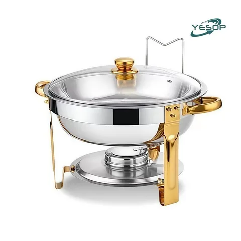 YESOP Rechaud Redondo Aço Inox Dourado 5 Litros com Tampa de Vidro Para Buffet e Festas Quente Frio